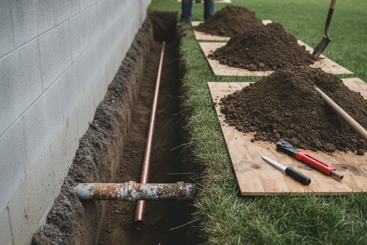 Excavated water line trench during Water Heater Repair in Big Sandy